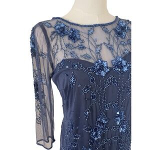 Vintage Patra Blue Floral Sequins Sweetheart Neck Mesh Dress 10 Whimsy Formal